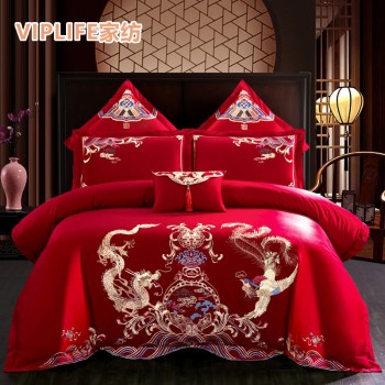 VIPLIFE [婚庆-盘龙戏凤图-床单款]棉刺绣婚庆六件套 1.8米床   VIPS103377