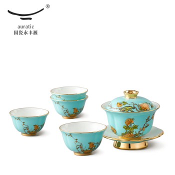 永丰源 (夫人瓷)西湖蓝7头茶具碗盖款